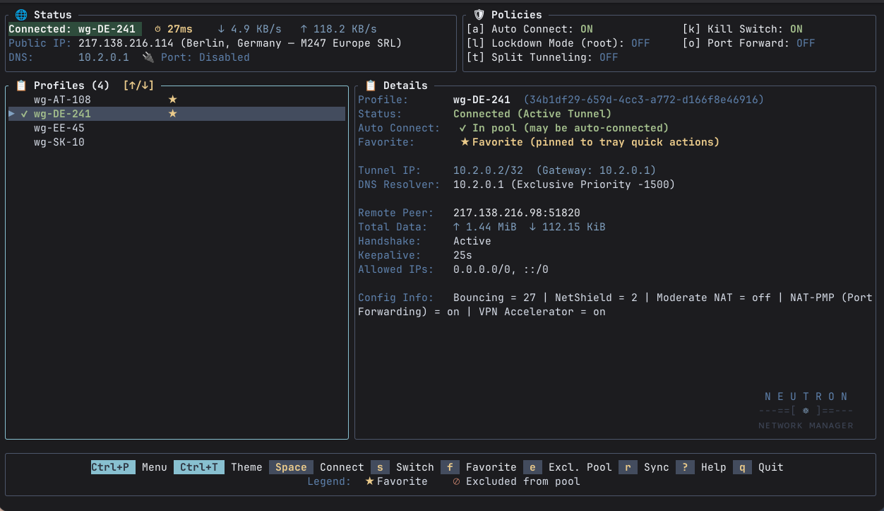 Neutron TUI - Active WireGuard Connection